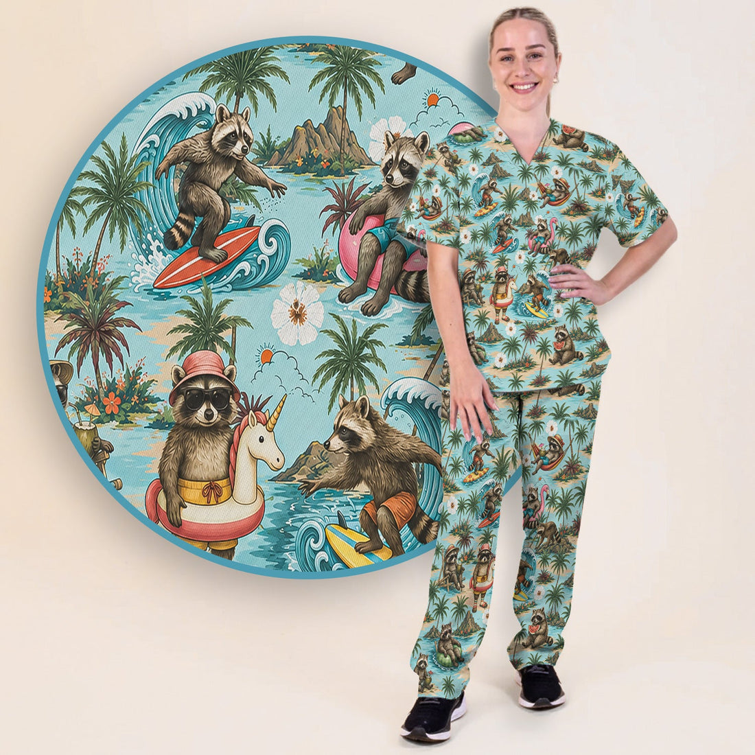 Tropical Raccoon Surfing Island Beach Nurse Scrub Set