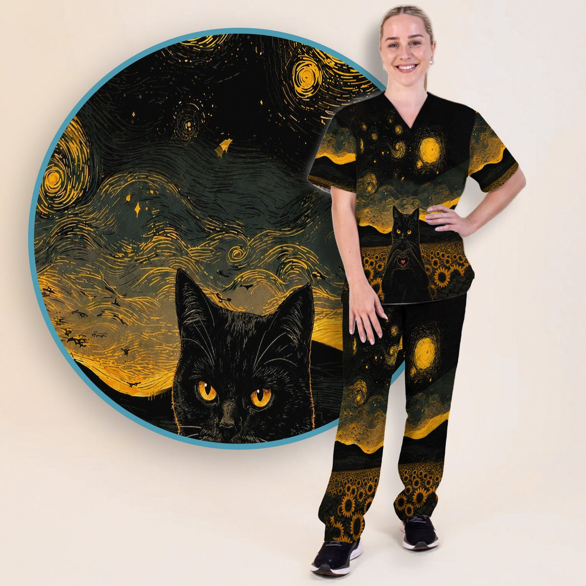 Cute Black Cat Sunflower Night Nurse Scrub Set