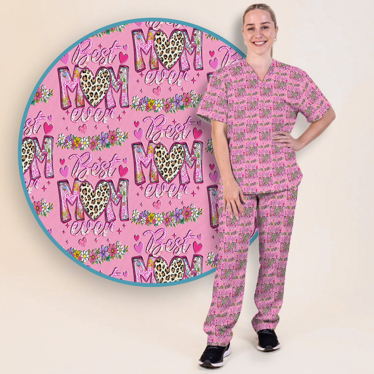 Best Mom Ever Leopard Heart Nurse Scrub Set