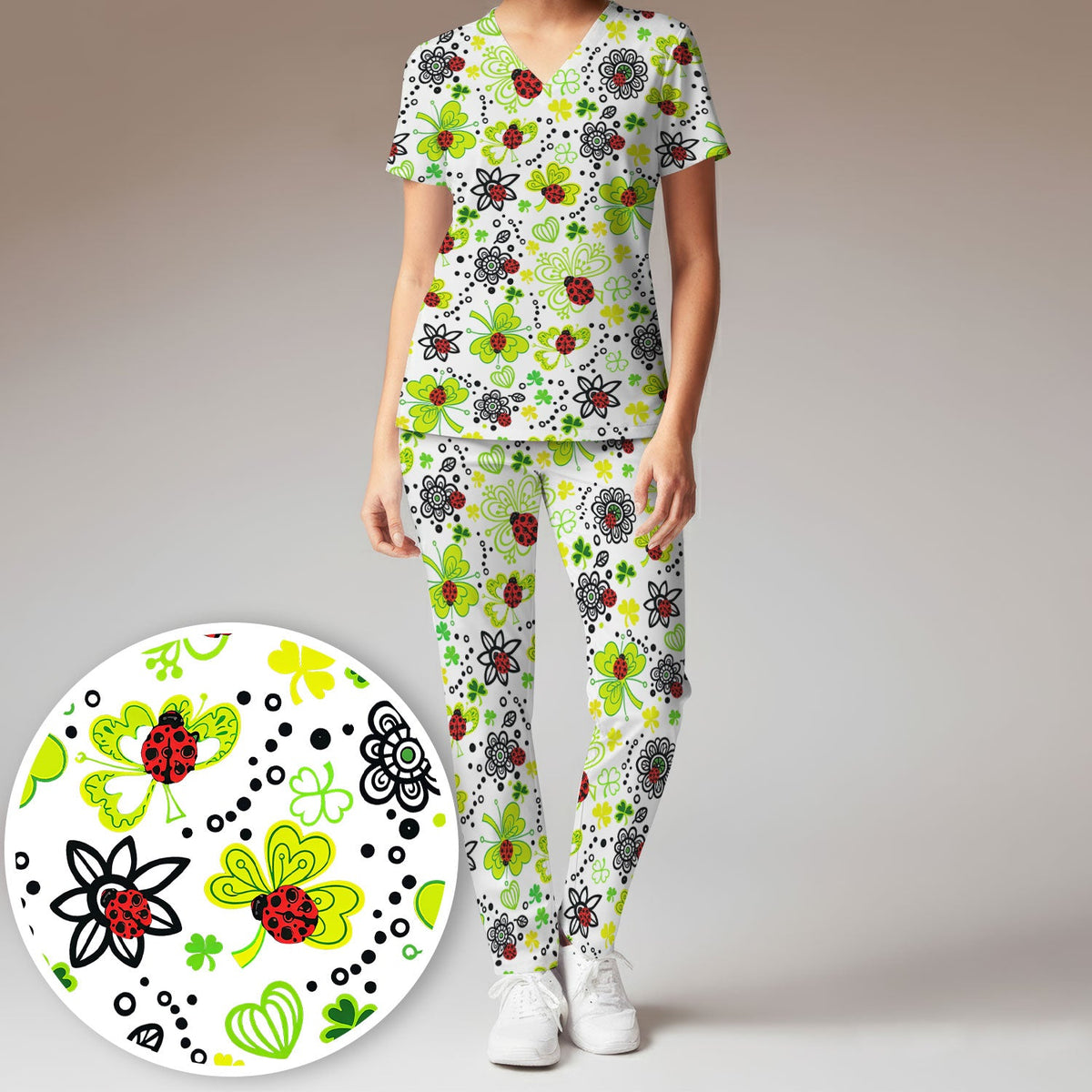Ladybug Clover Floral Pattern Print Scrub Sets, Scrub Pants and V Neck Top