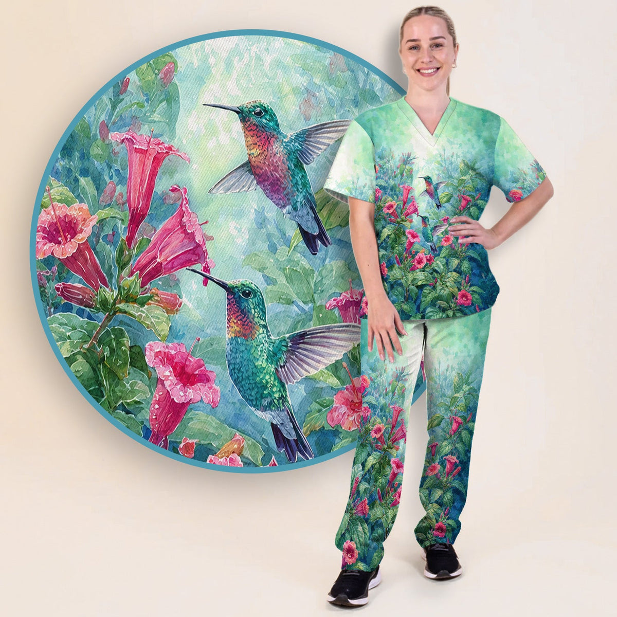 Vintage Hummingbird Floral Garden Nurse Scrub Set
