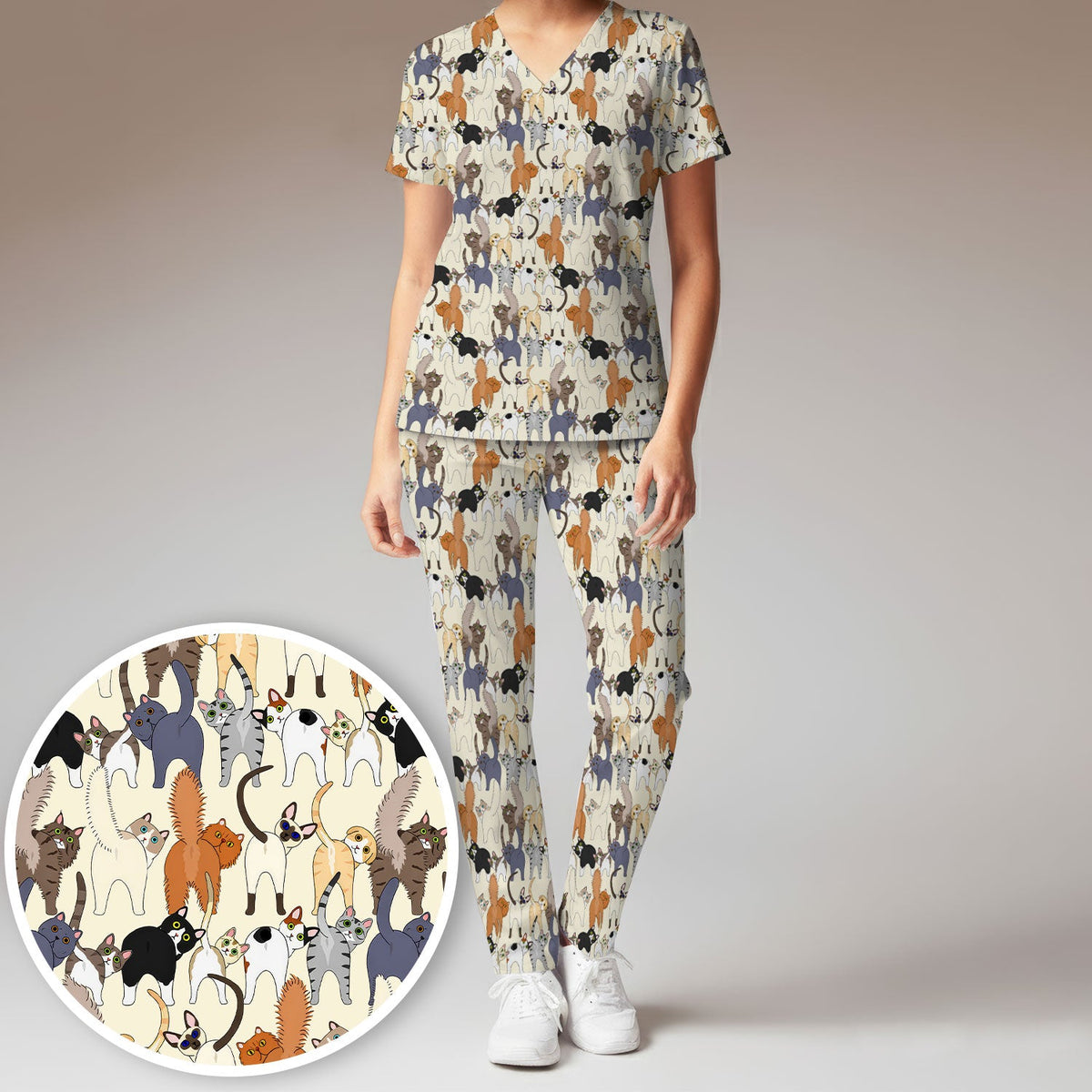 Whimsical Multicolor Cat Cartoon Nurse Scrub Set