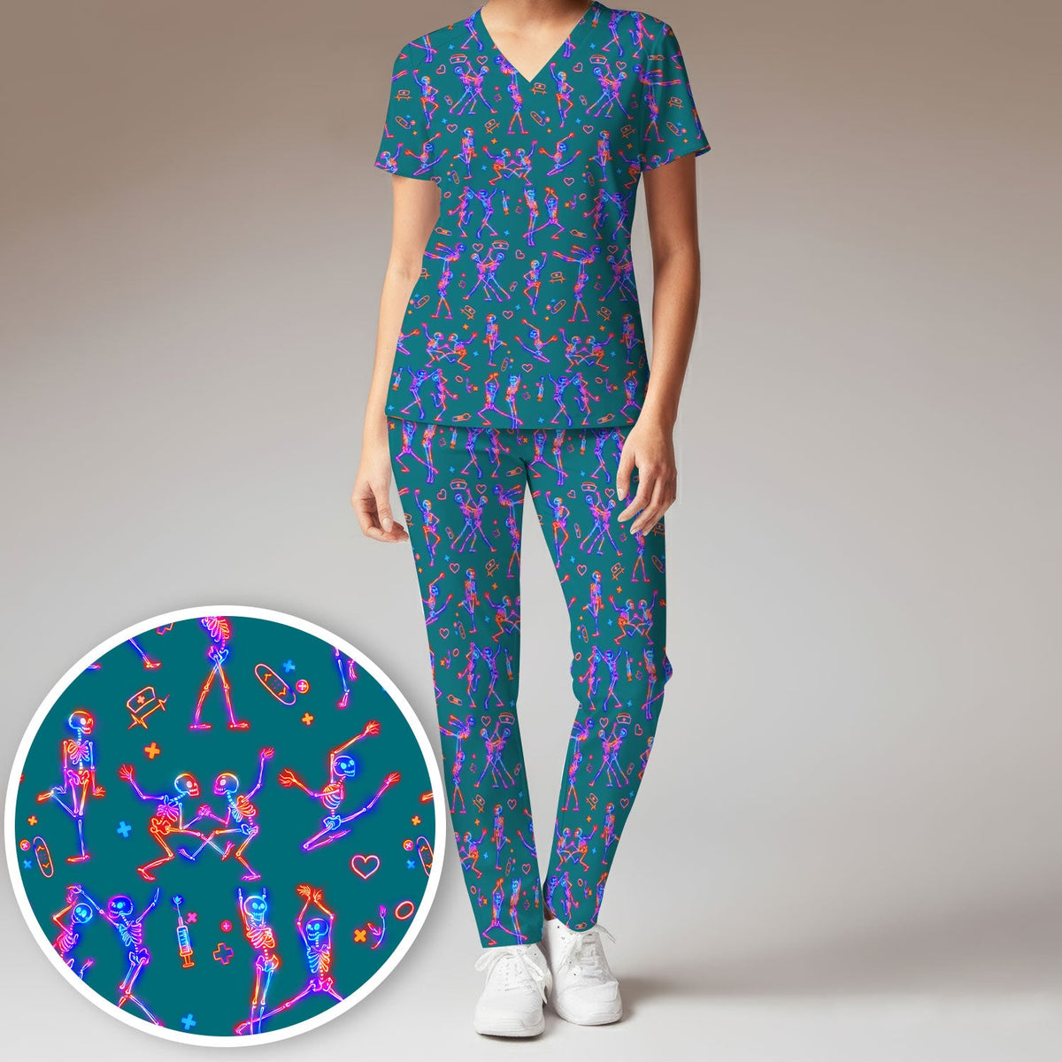 Neon Dancing Skeleton Nurse Scrub Set