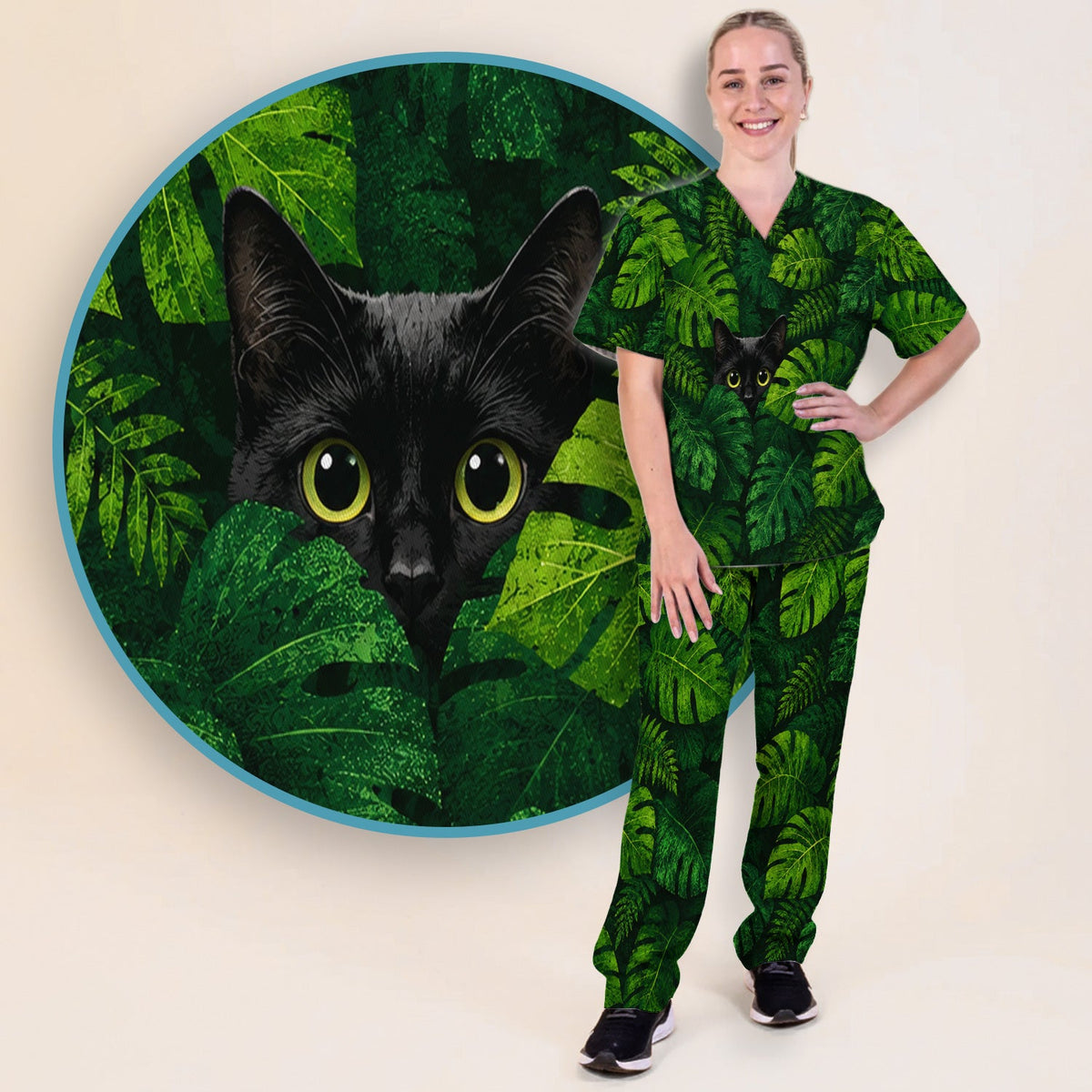 Hidden Black Cat Nurse Scrub Set