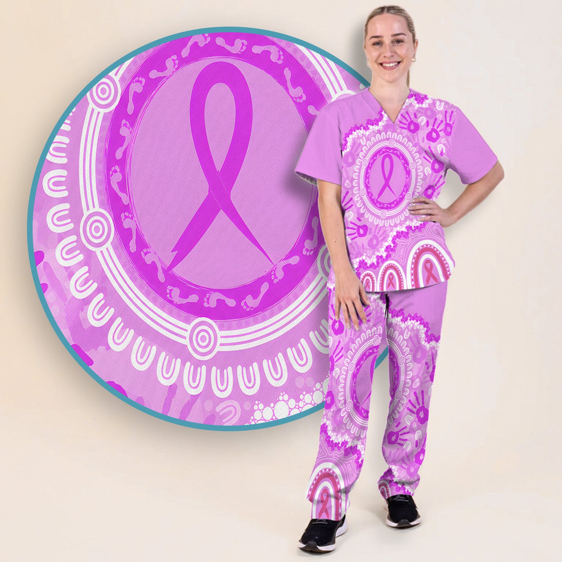 Pink Ribbon Breast Cancer Nurse Scrub Set
