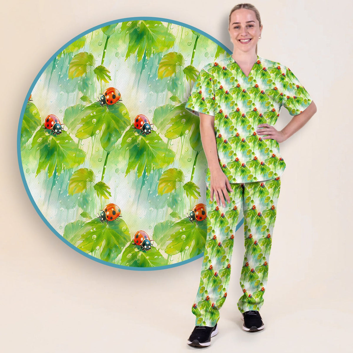 Ladybugs On Rainy Leaves Nurse Scrub Set