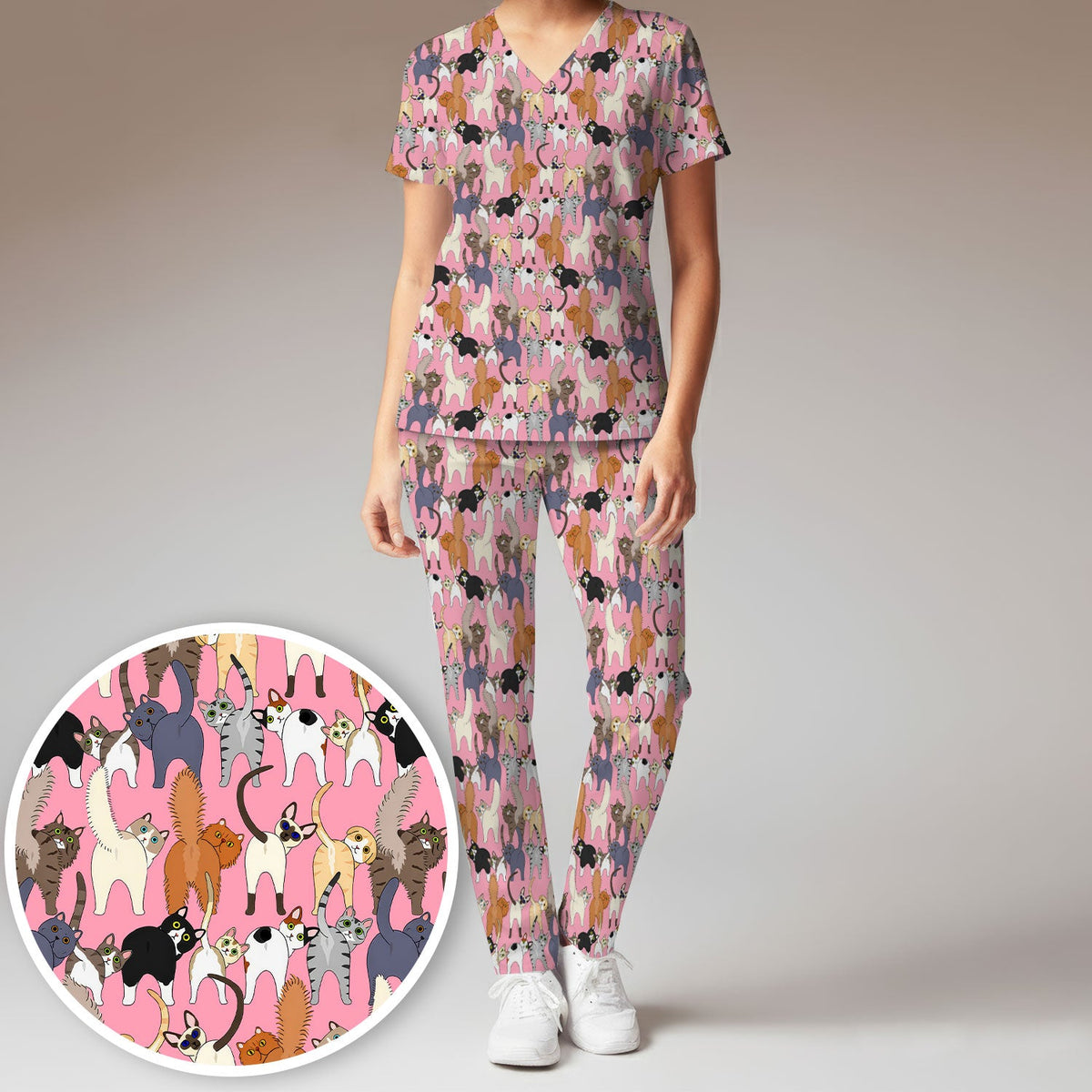 Whimsical Multicolor Cat Cartoon Nurse Scrub Set