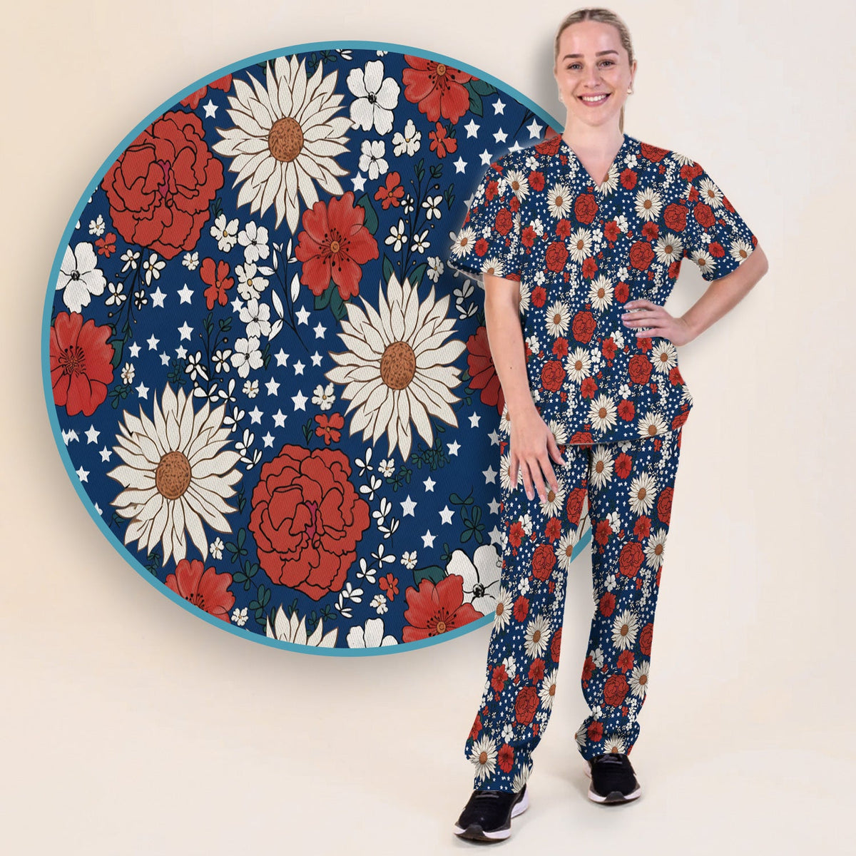 Red White Blue Floral Nurse Scrub Set