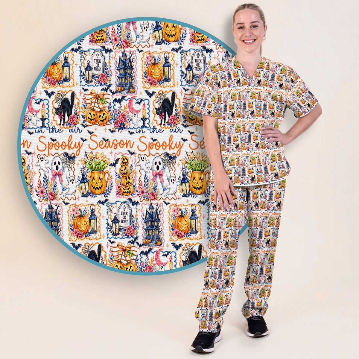 Spooky Pumpkin Ghost Pattern Nurse Scrub Set