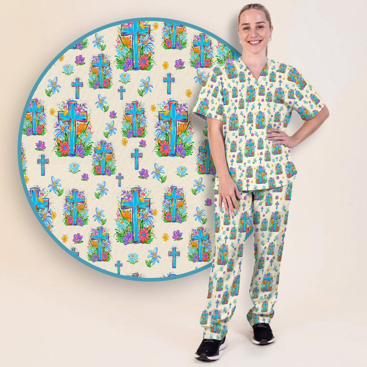 Christian Floral Cross Spring Nurse Scrub Set