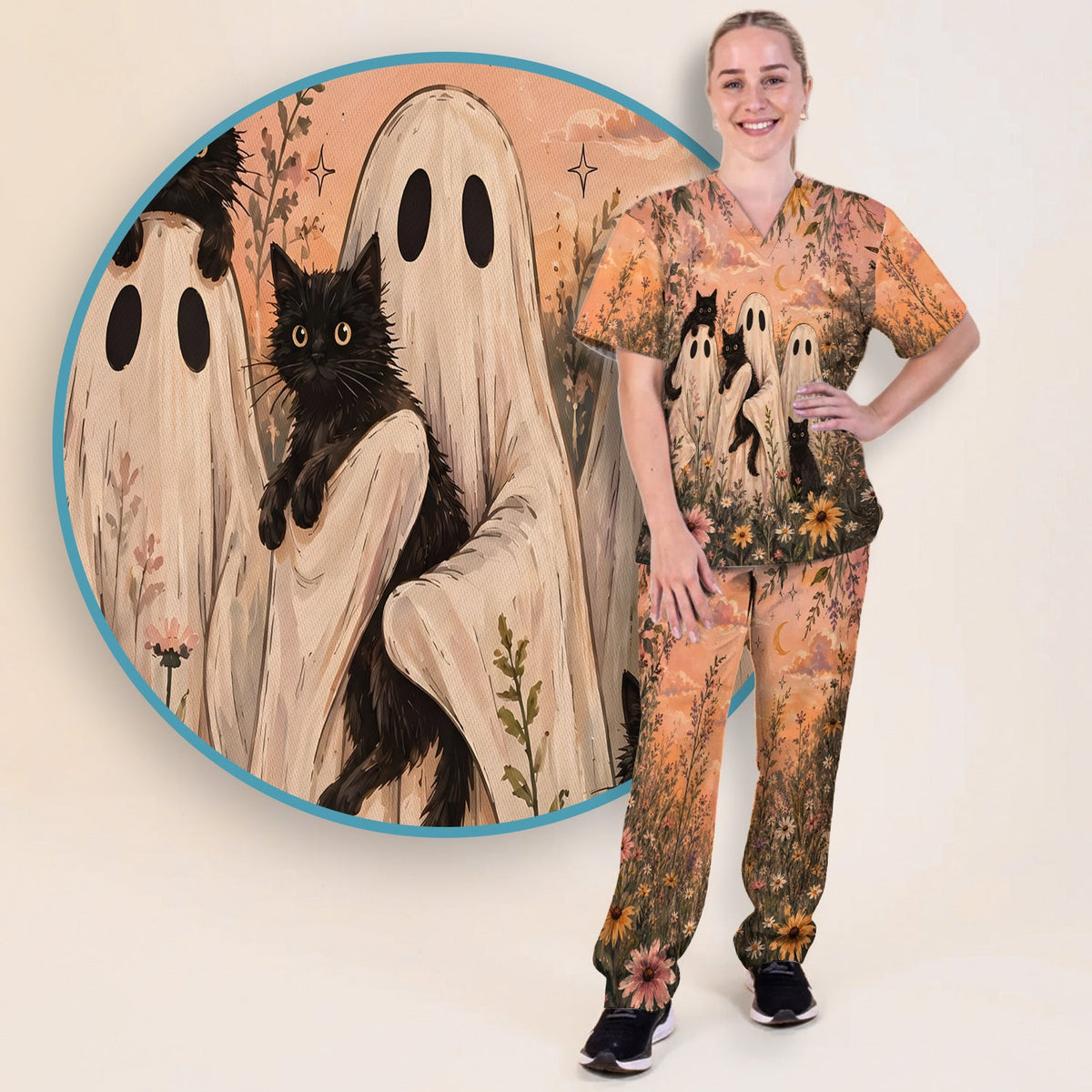 Ghosts Black Cats Nurse Scrub Set - Halloween Gift