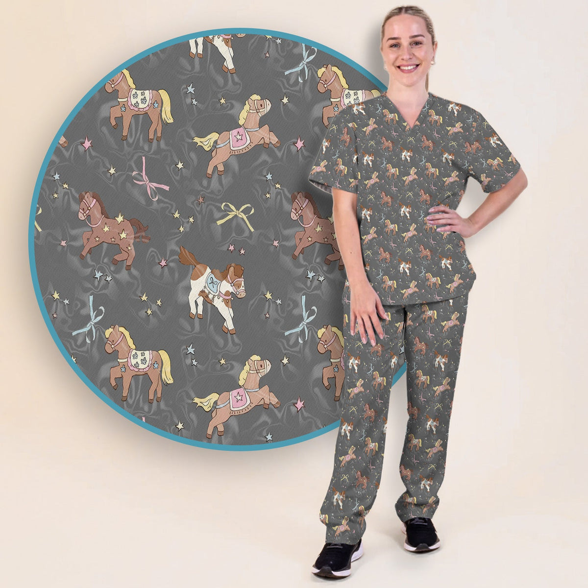 Cute Pony Star Pattern Scrub Set, Breathable Med Uniform