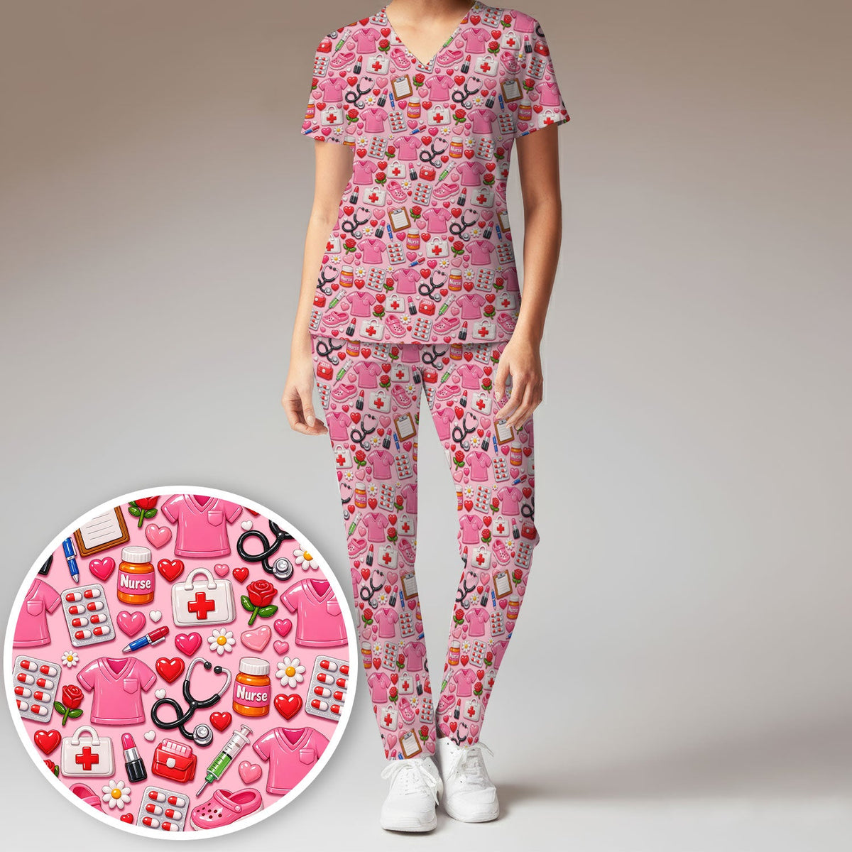Medical Icons Scrub Set, Cute Pattern Nurse Shirt, Breathable Fabrics Nursing Uniform