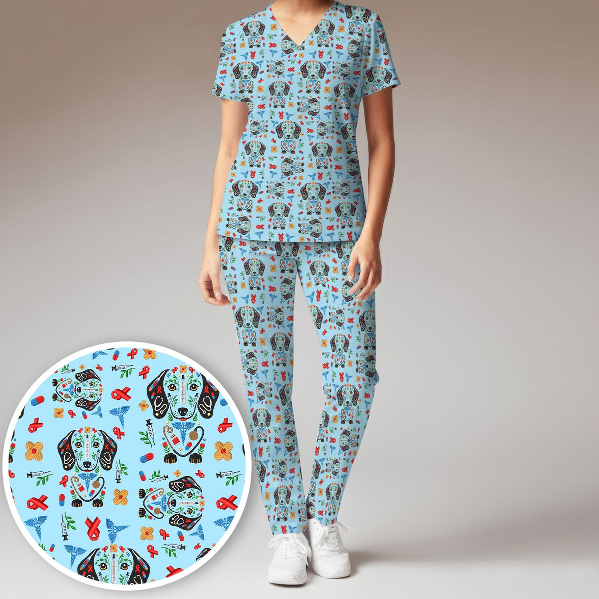 Dachshund Medical Icon Pattern Scrub Set, Women's Scrub Sets