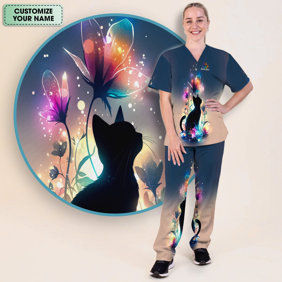 Personalized Cat Floral Glow Nurse Scrub Set