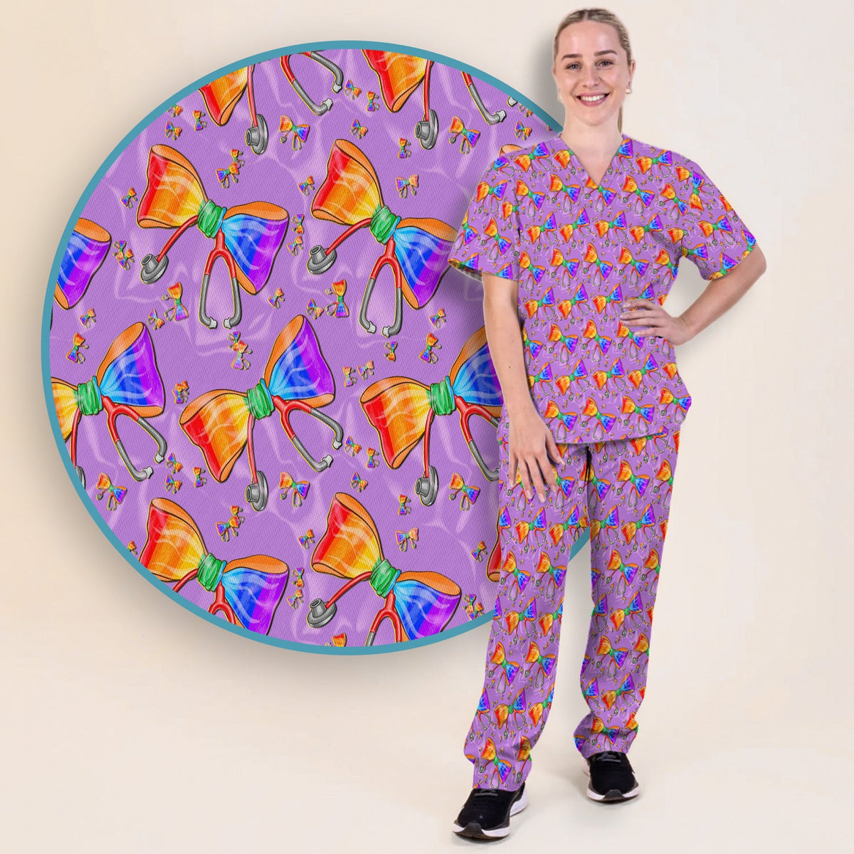 Colorful Rainbow Bow Stethoscope Nurse Scrub Set
