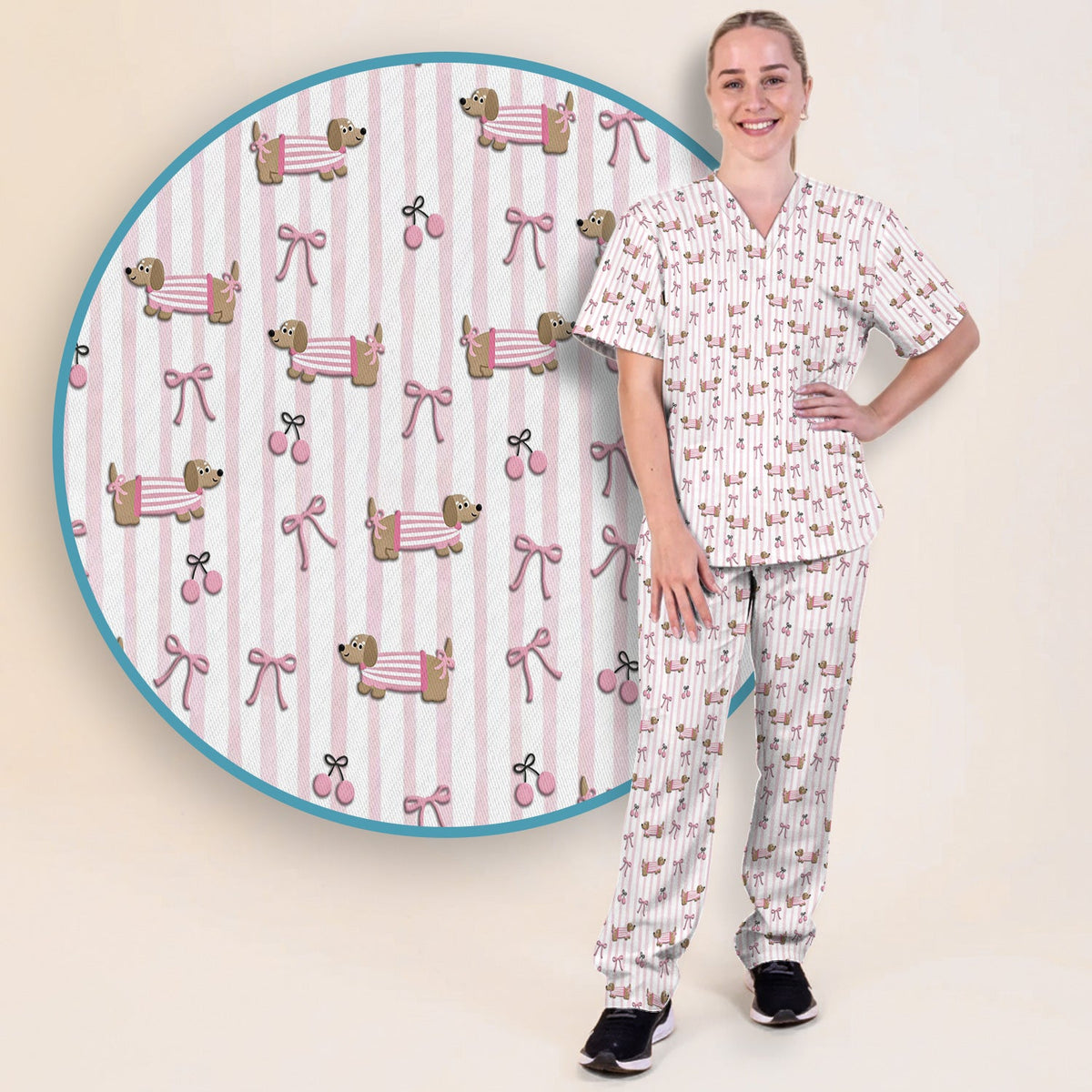 Dachshund Pink Stripe Nurse Scrub Set