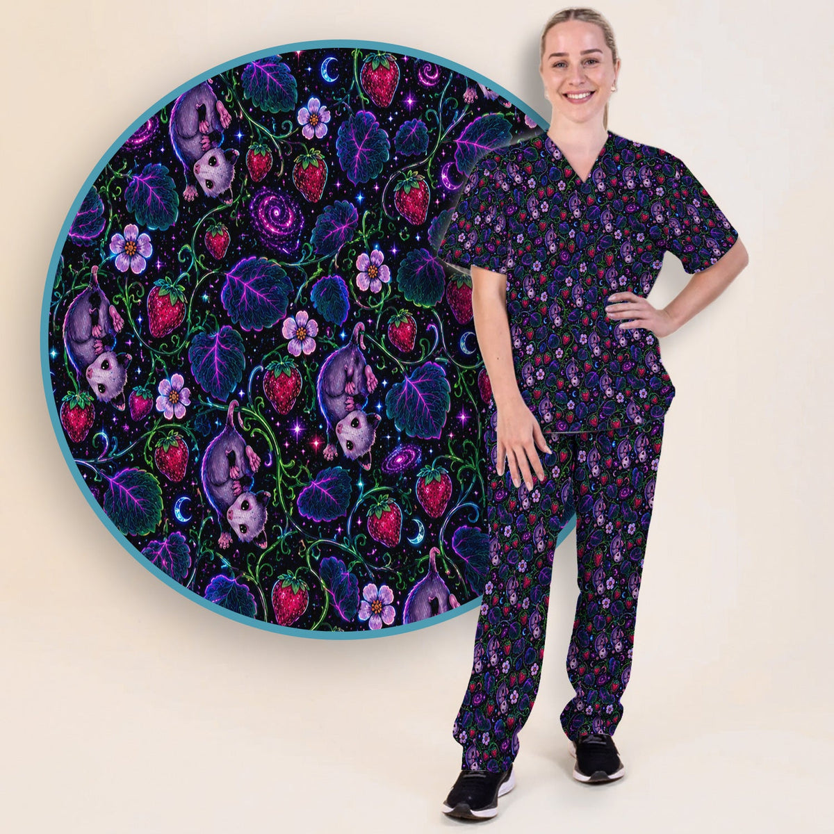 Galaxy Strawberry Opossum Nurse Scrub Set