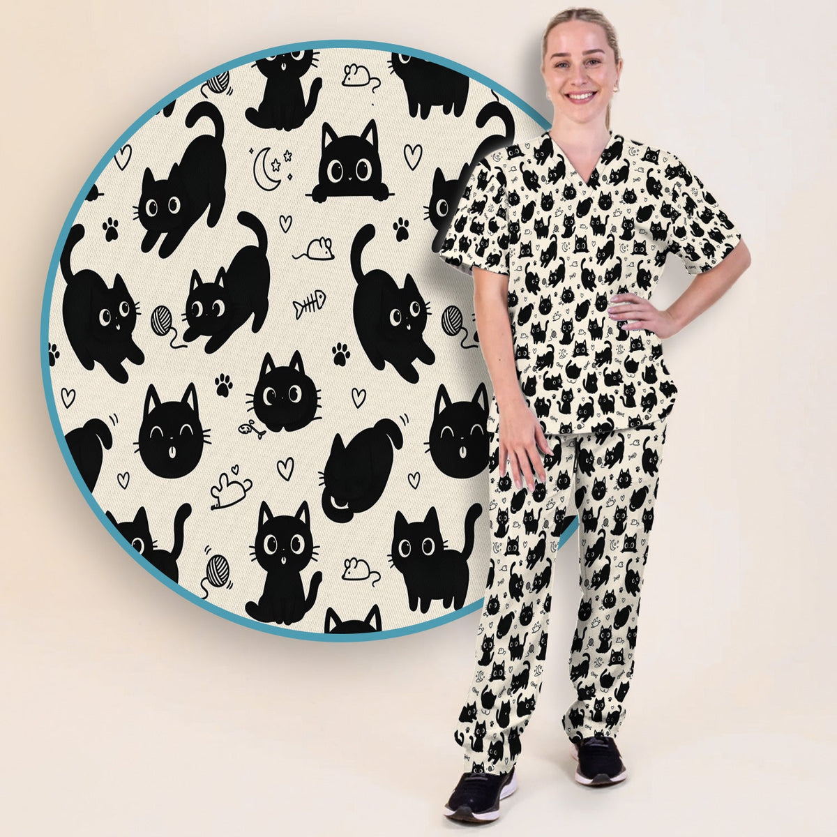 Playful Black Cat Nurse Scrub Set