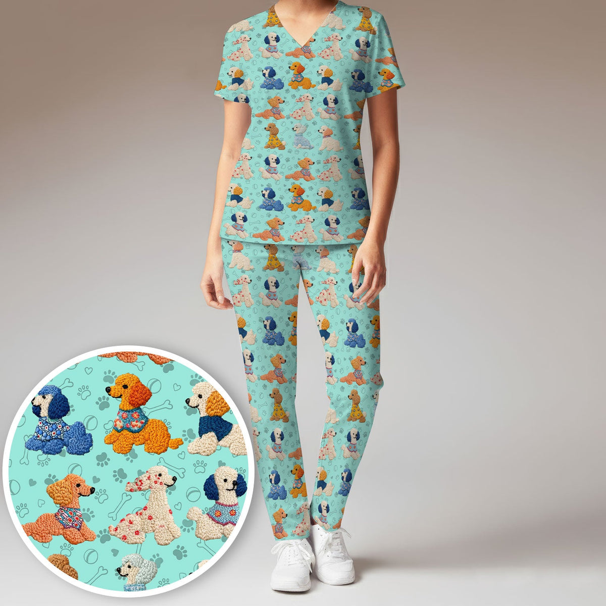 Cute Colorful Poodle Pattern Scrub Set, Scrub Pants and V Neck Top