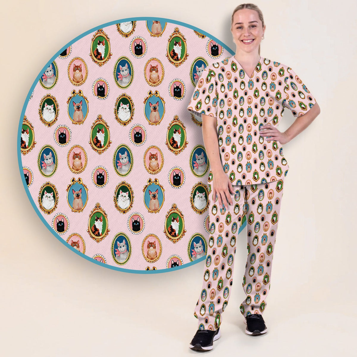 Vintage Cat Portrait Nurse Scrub Set