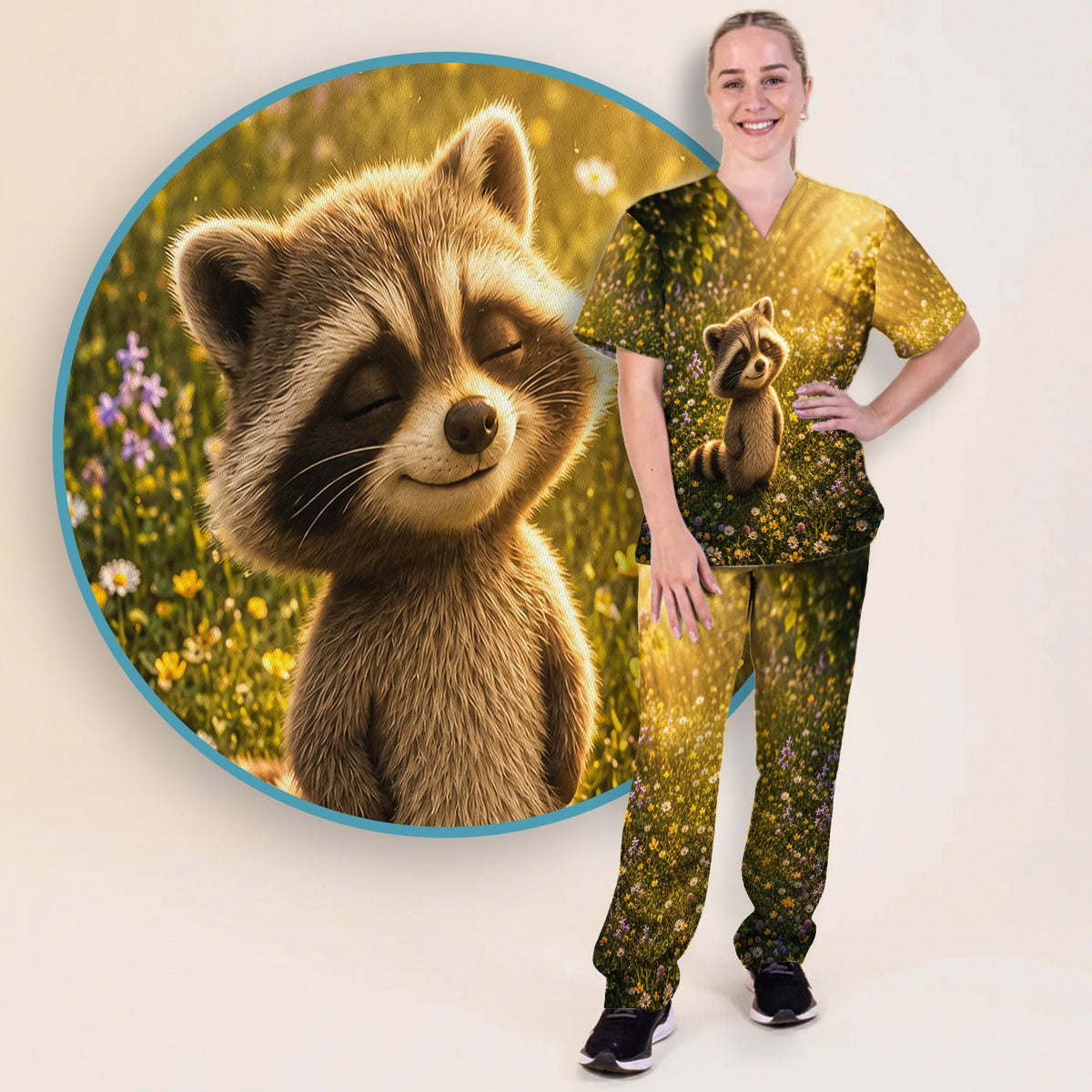 Smiling Raccoon Meadow Flower Nurse Scrub Set