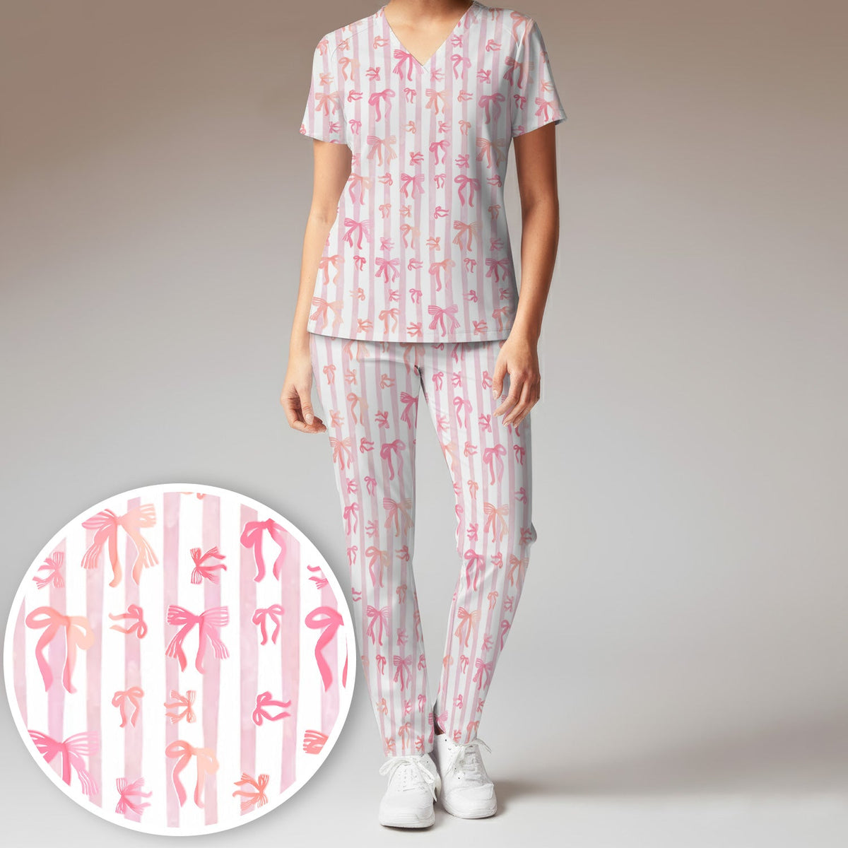 Pink Bow Stripe Nurse Scrub Set