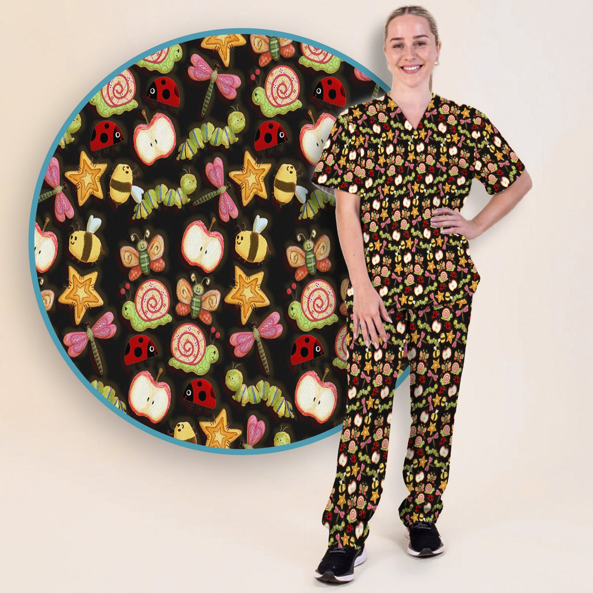 Snail Ladybug Caterpillar Apple Garden Nurse Scrub Set