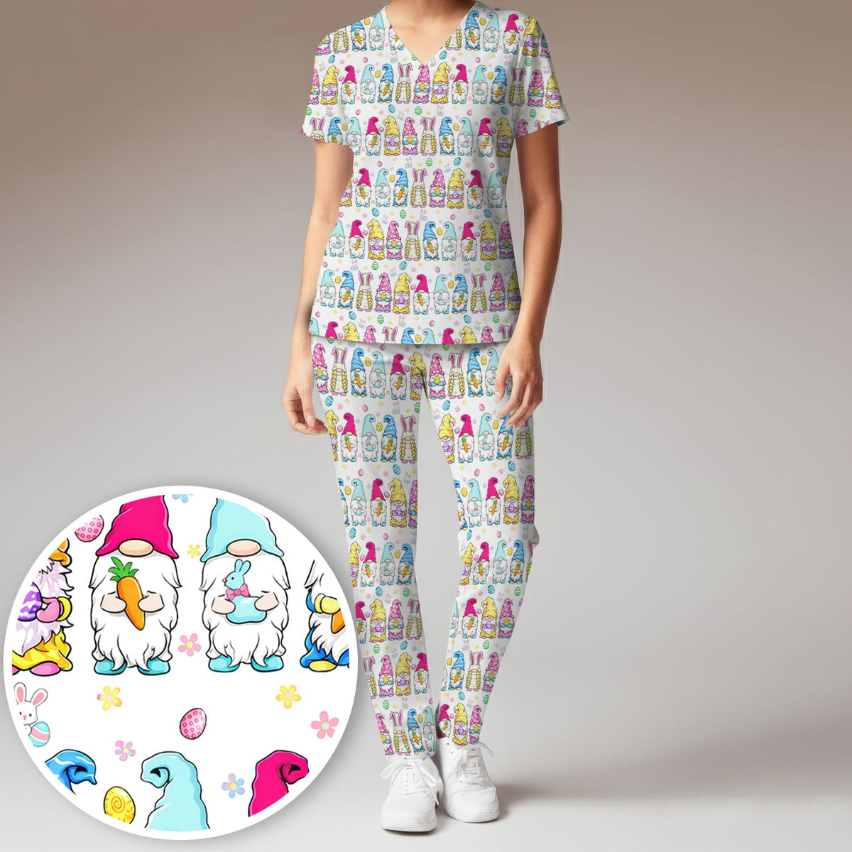 Colorful Easter Gnome Bunny Eggs Nurse Scrub Set