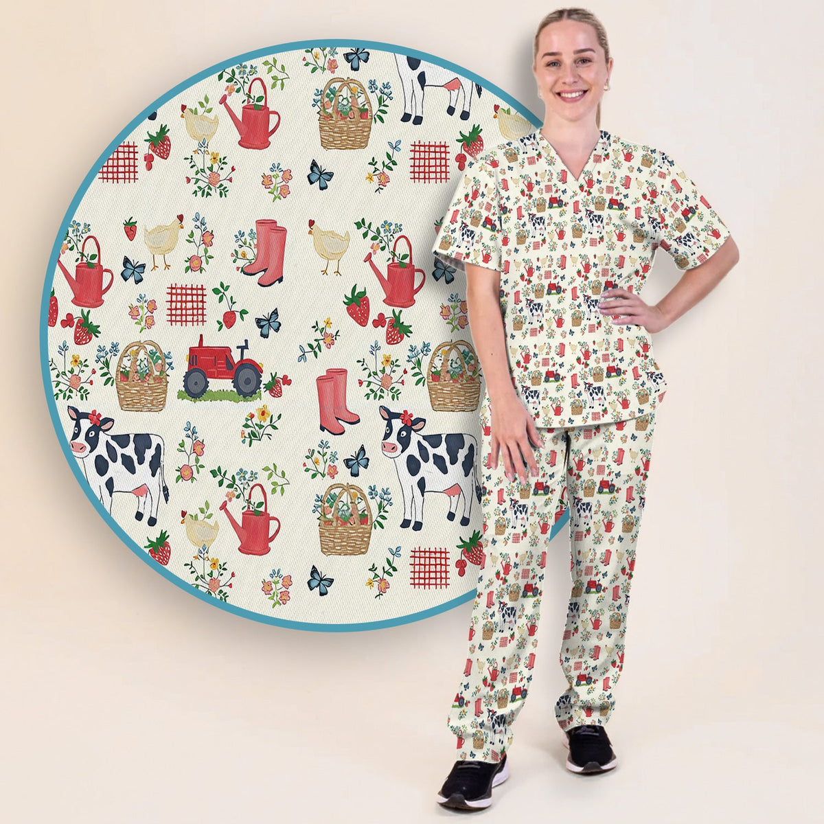 Cow Chicken Farm Nurse Scrub Set
