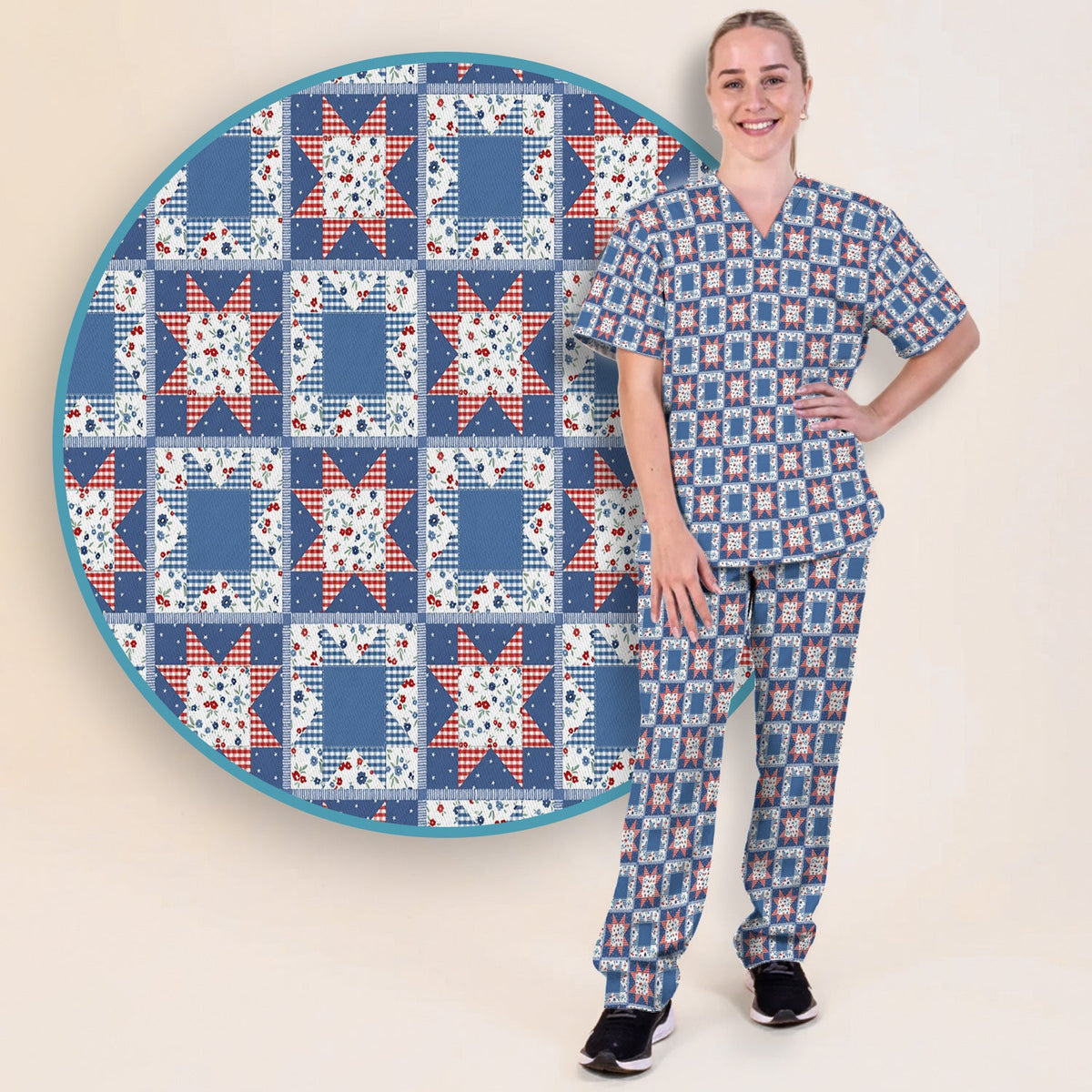 Vintage Patchwork Star Quilt Nurse Scrub Set