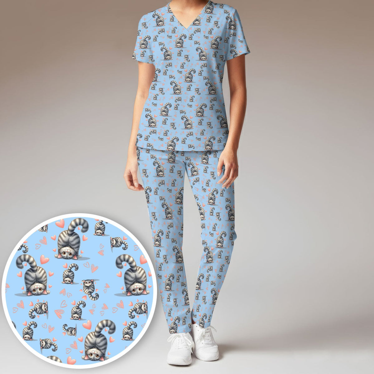 Valentine Cute Cat Heart Nurse Scrub Set