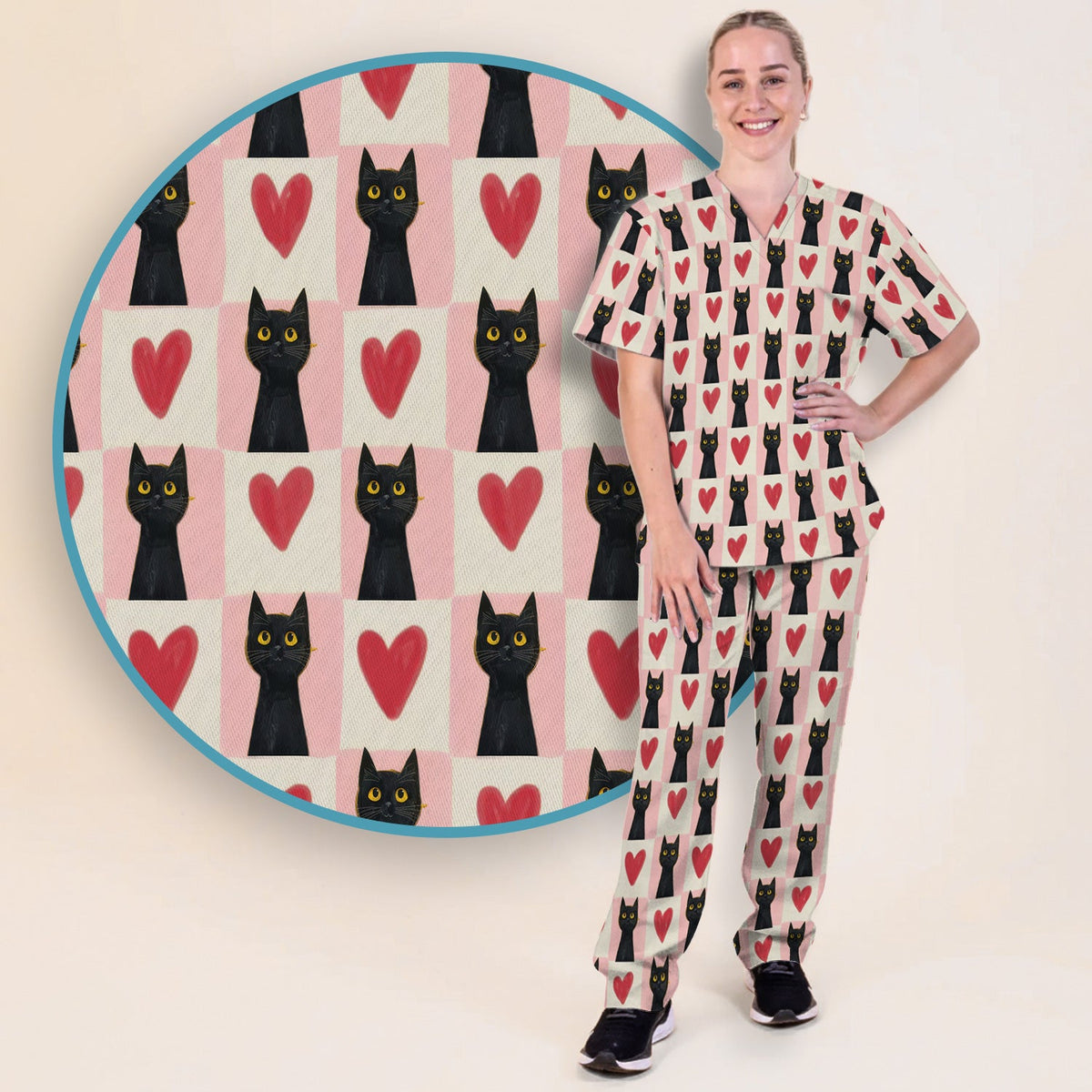 Cute Black Cat Heart Nurse Scrub Set