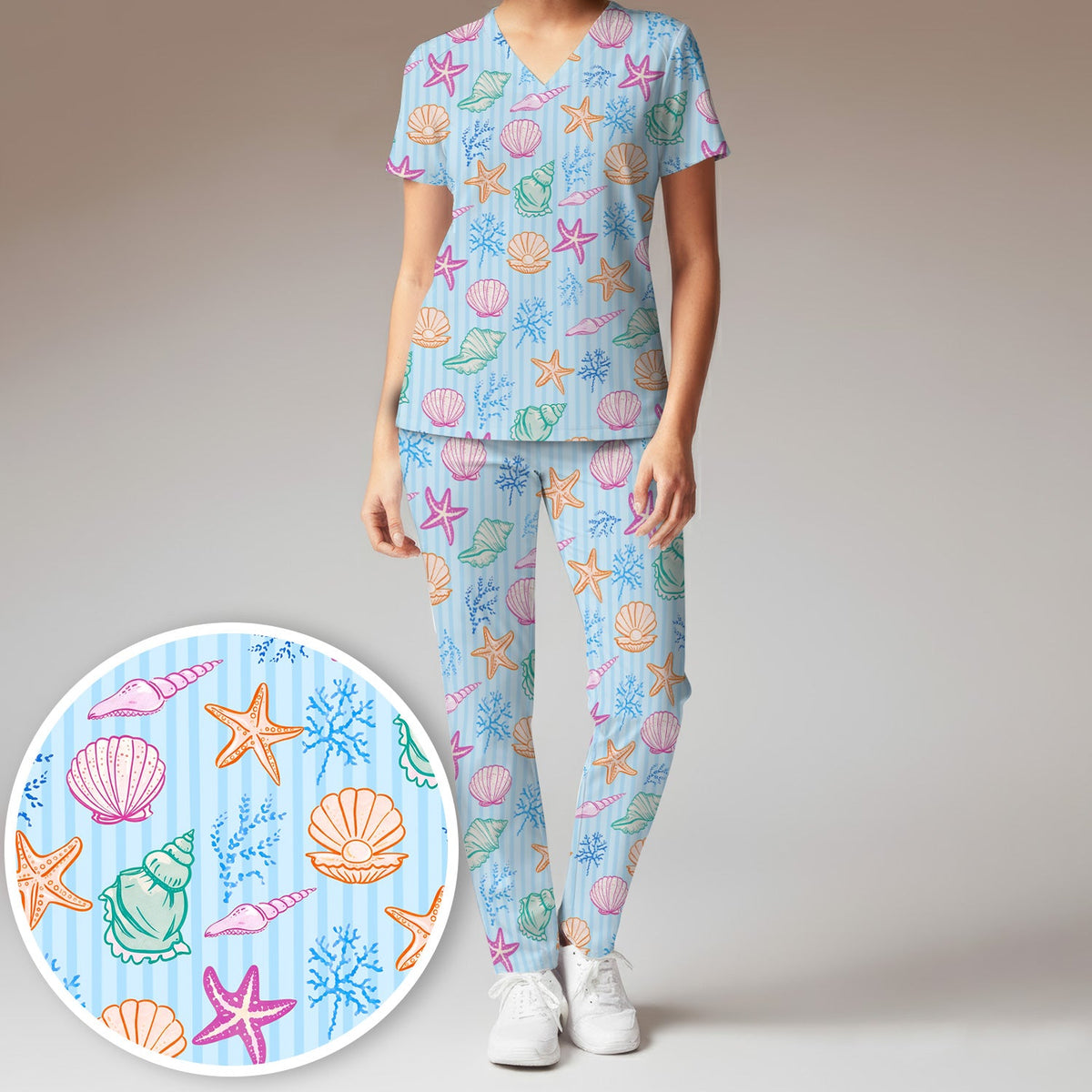 Colorful Seashell Starfish Ocean Stripe Nurse Scrub Set