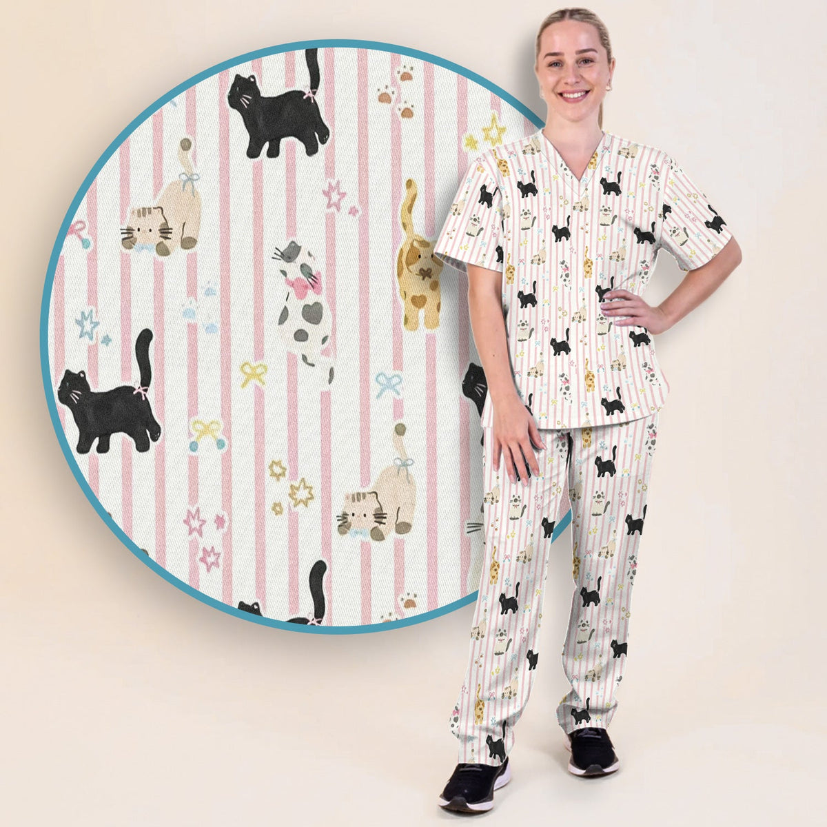 Playful Cat Stripe Ribbon Nurse Scrub Set