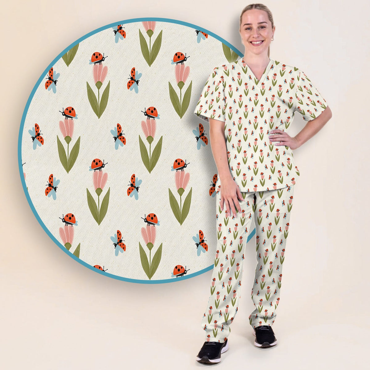 Ladybug Tulip Floral Nurse Scrub Set