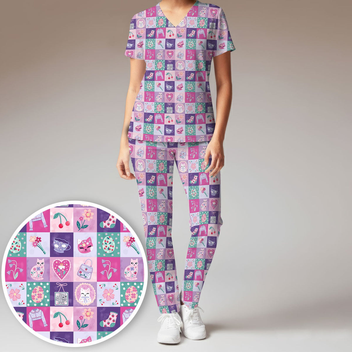 Pastel Cat Patchwork Kawaii Nurse Scrub Set
