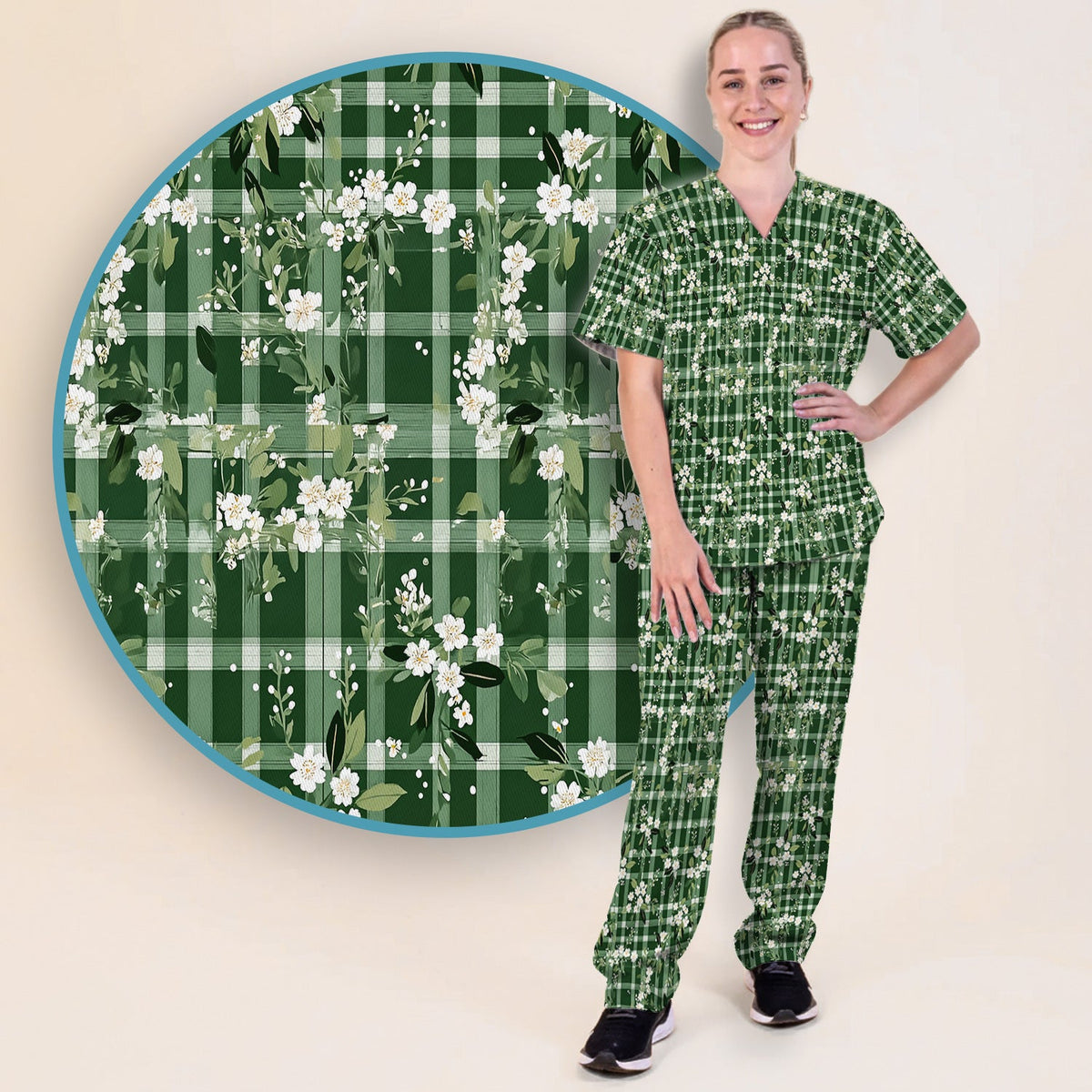 Green Gingham Floral Nurse Scrub Set