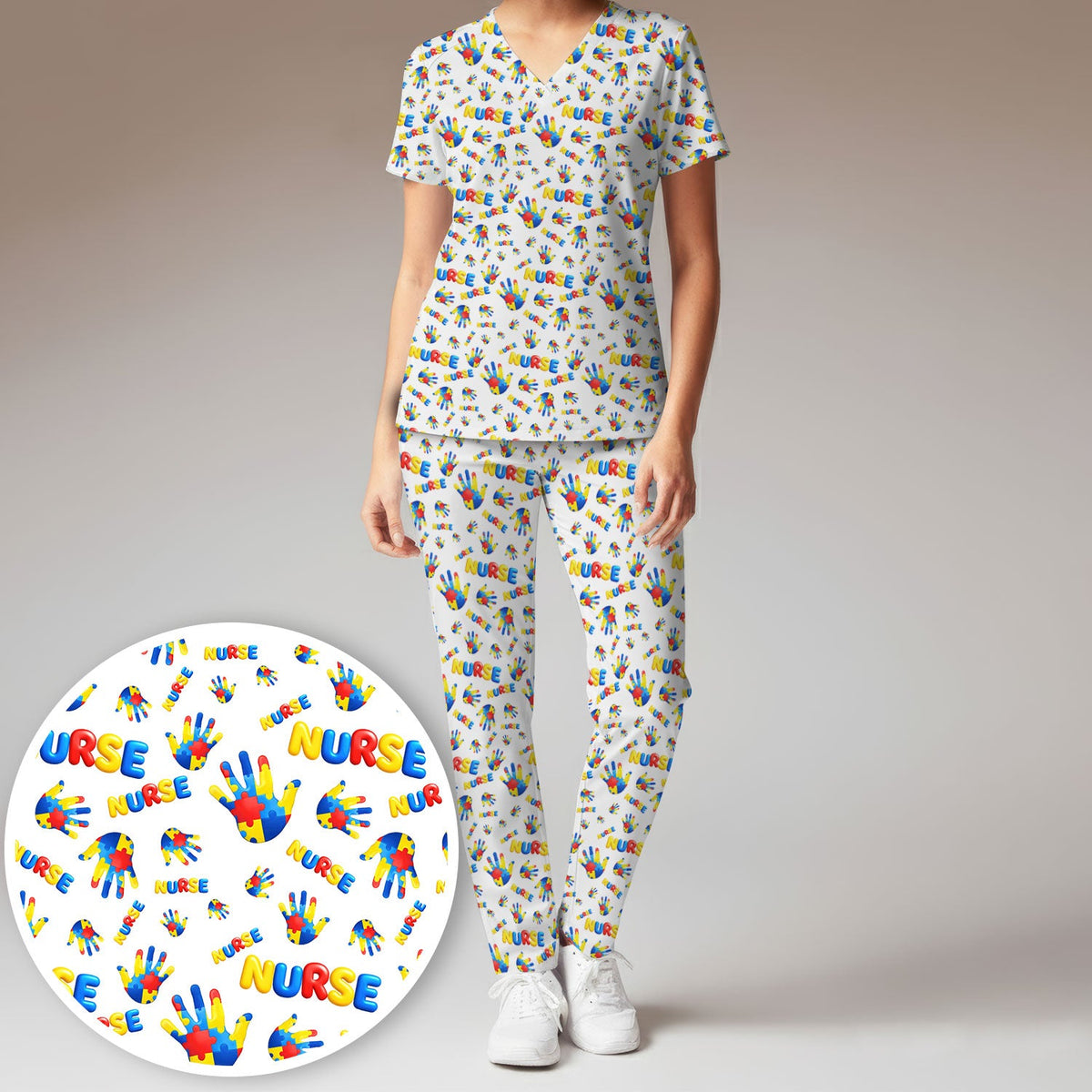 Colorful Autism Handprint Nurse Scrub Set