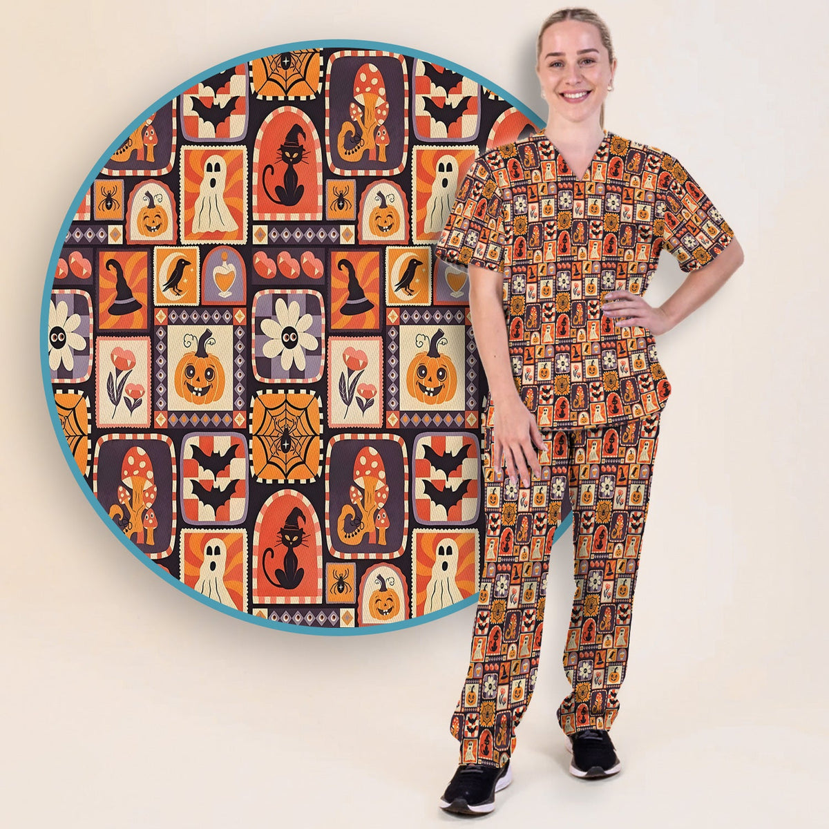 Retro Halloween Patchwork Nurse Scrub Set