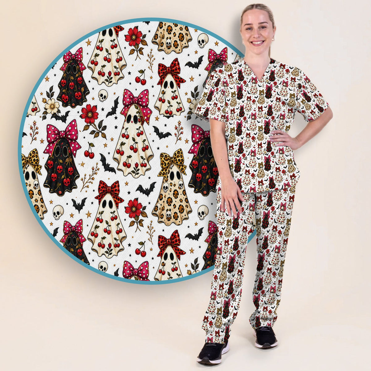 Spooky Ghost Pattern Nurse Scrub Set