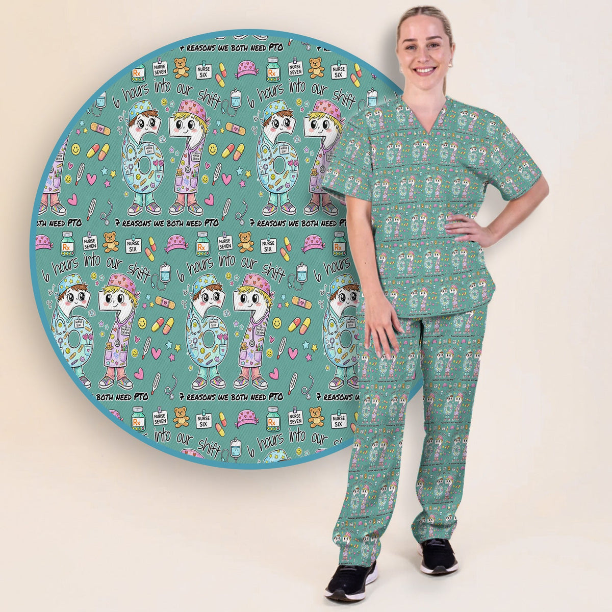 Six Hours Into Shift Beige Nurse Scrub Set