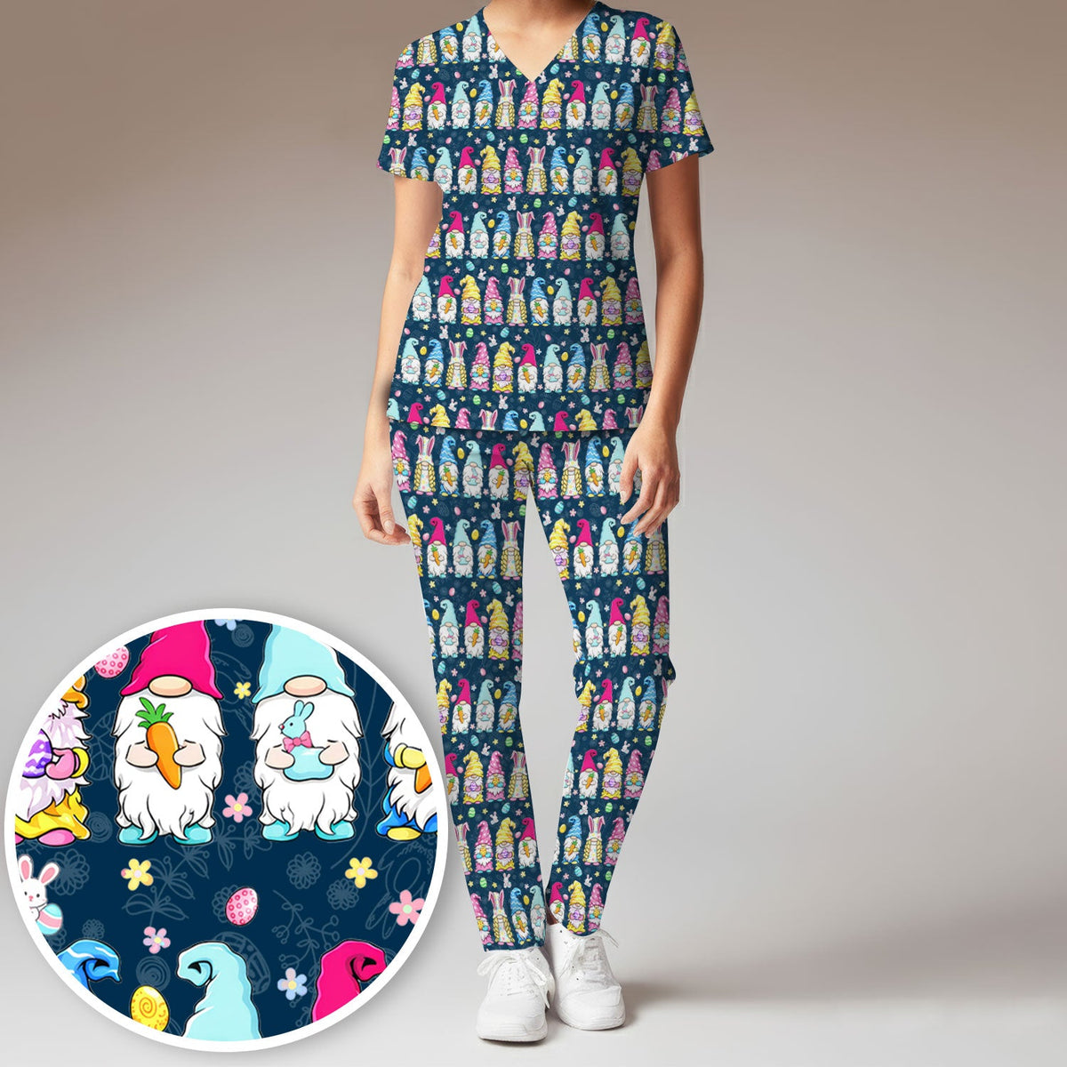 Colorful Easter Gnome Bunny Eggs Nurse Scrub Set