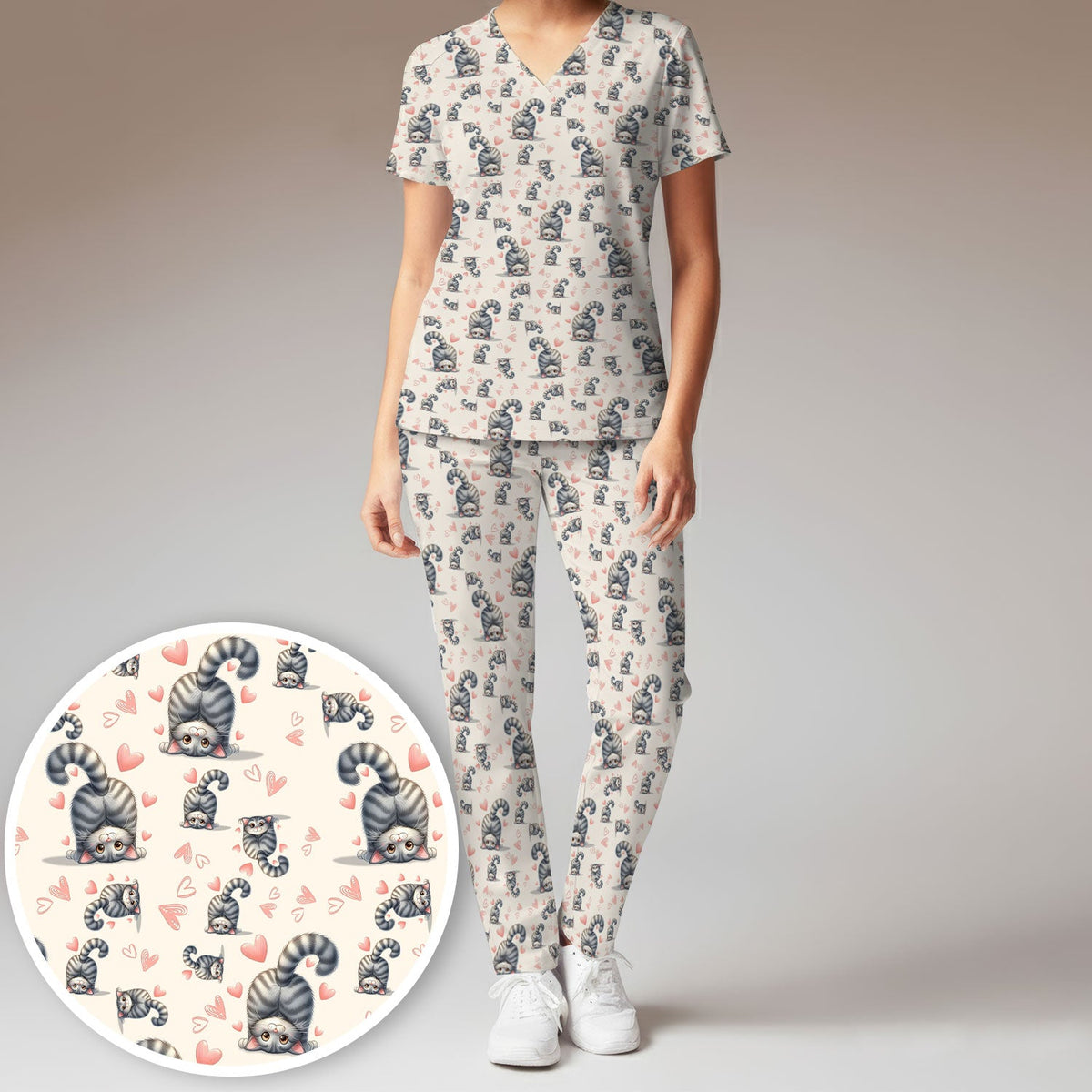 Valentine Cute Cat Heart Nurse Scrub Set