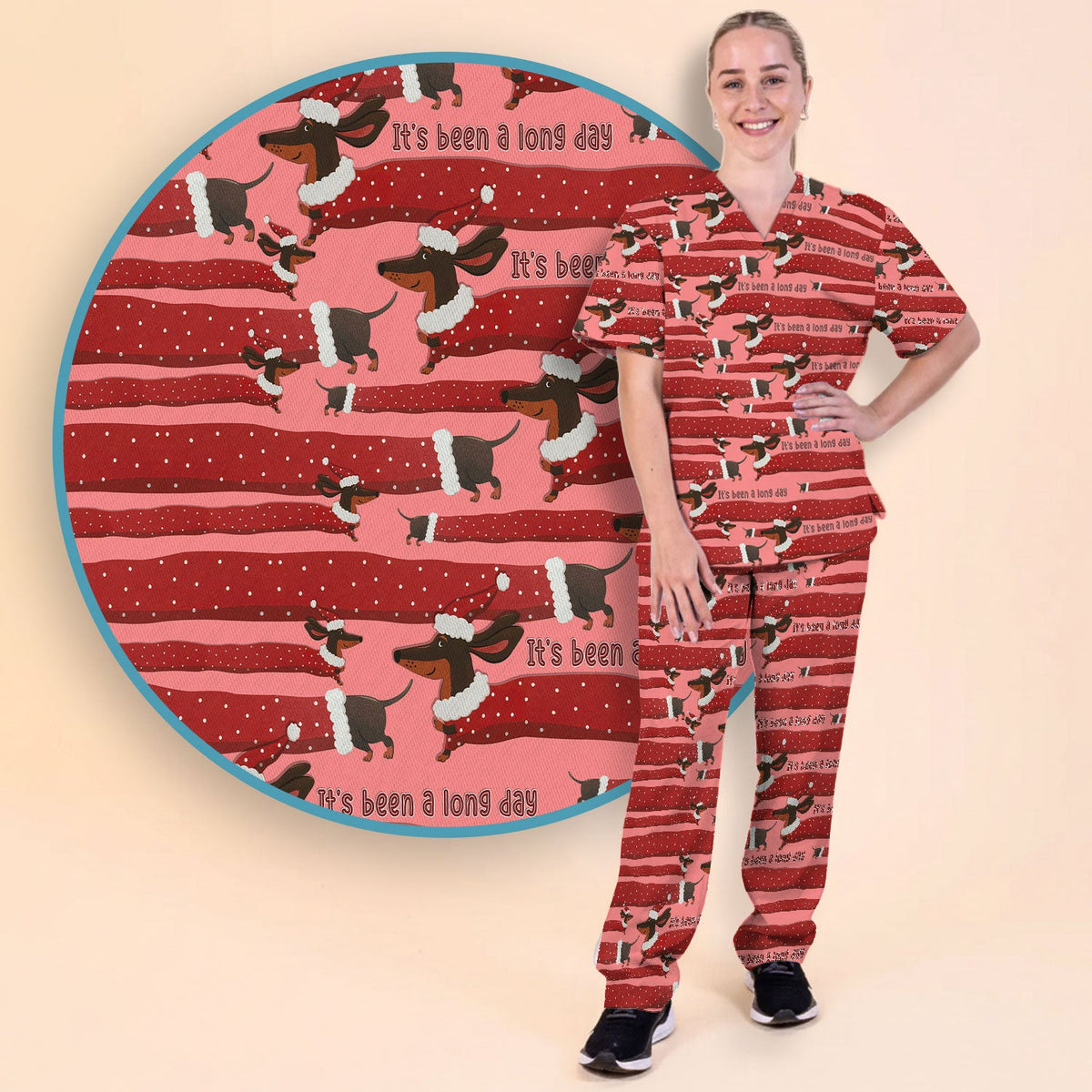 Funny Dachshund Christmas Scrub Set - It's Been a Long Day - Cute Wiener Dog Scrubs Pants and V Neck Top - Medical Uniform for Women