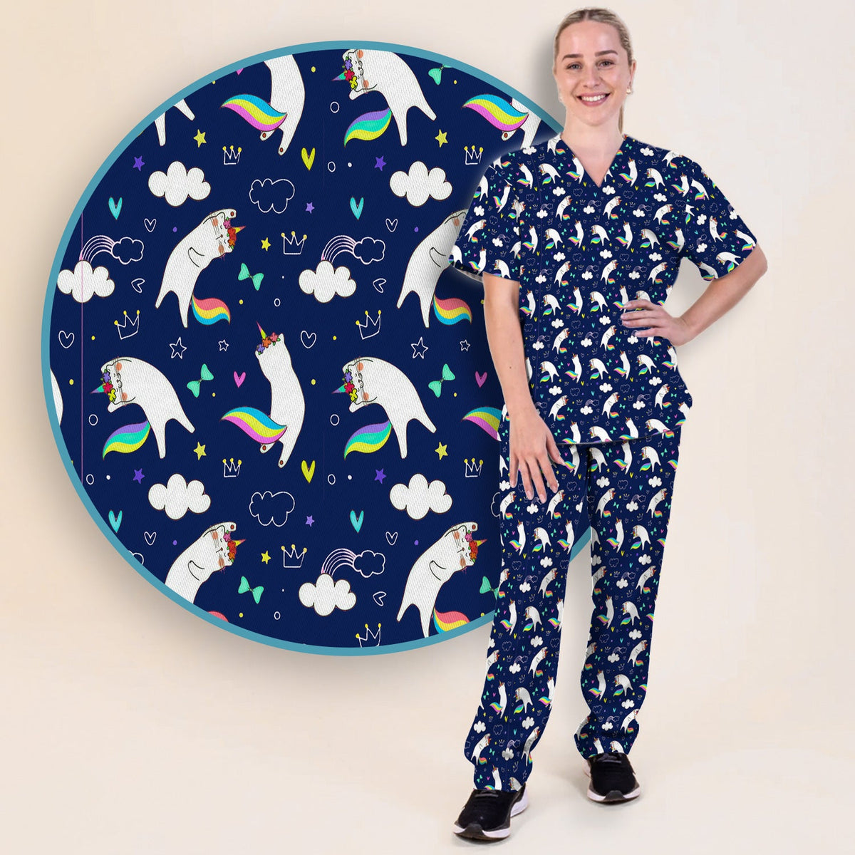 Unicorn Cat Rainbow Tail Clouds Nurse Scrub Set