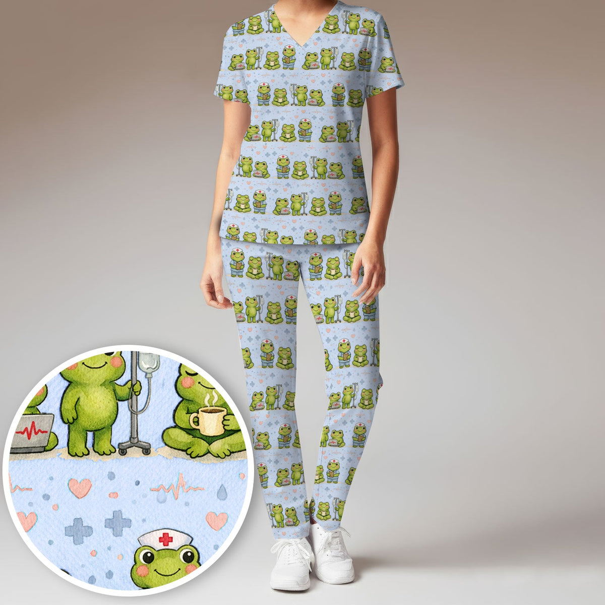 Adorable Frog Various Poses Nurse Scrub Set