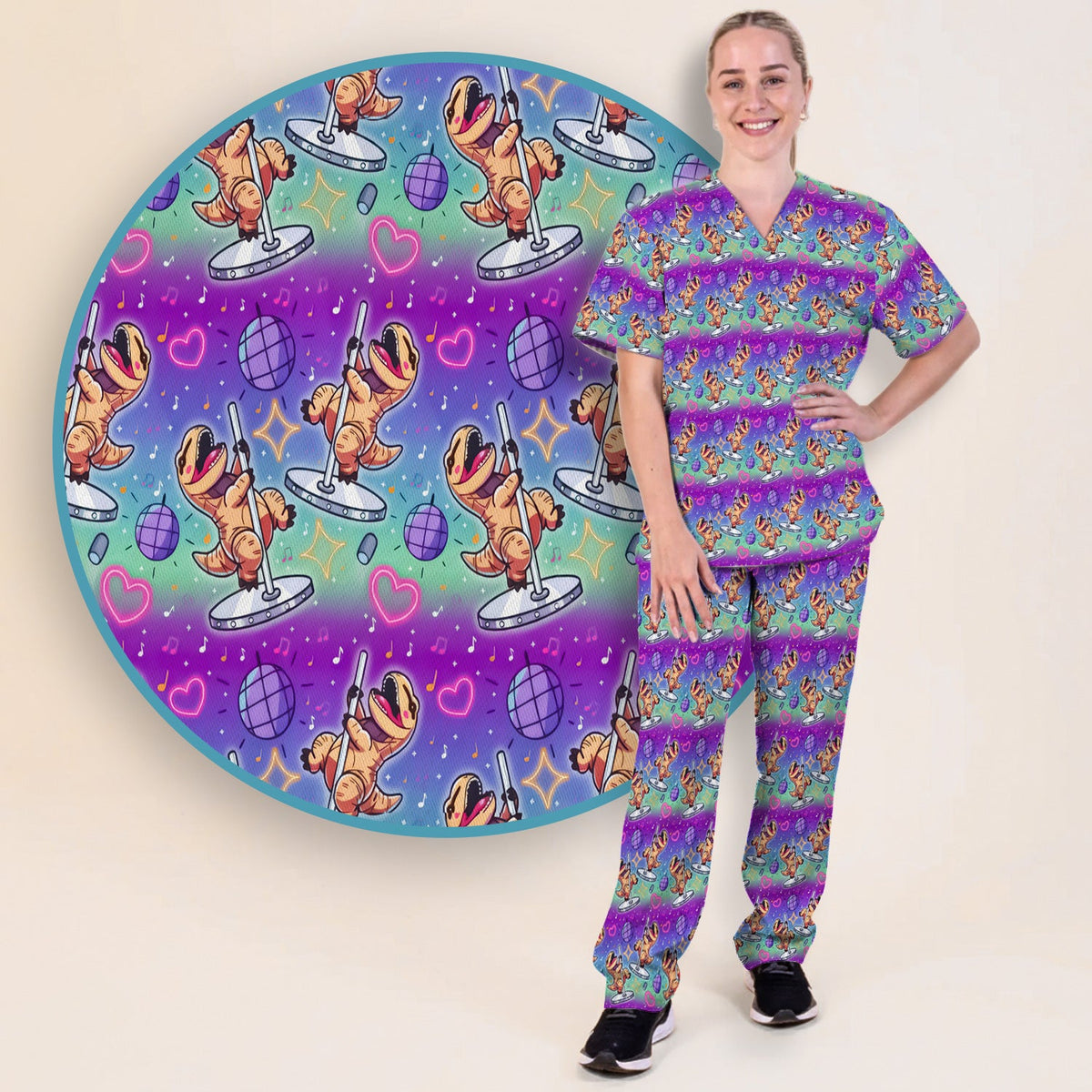 Dancing Dinosaur Disco Nurse Scrub Set