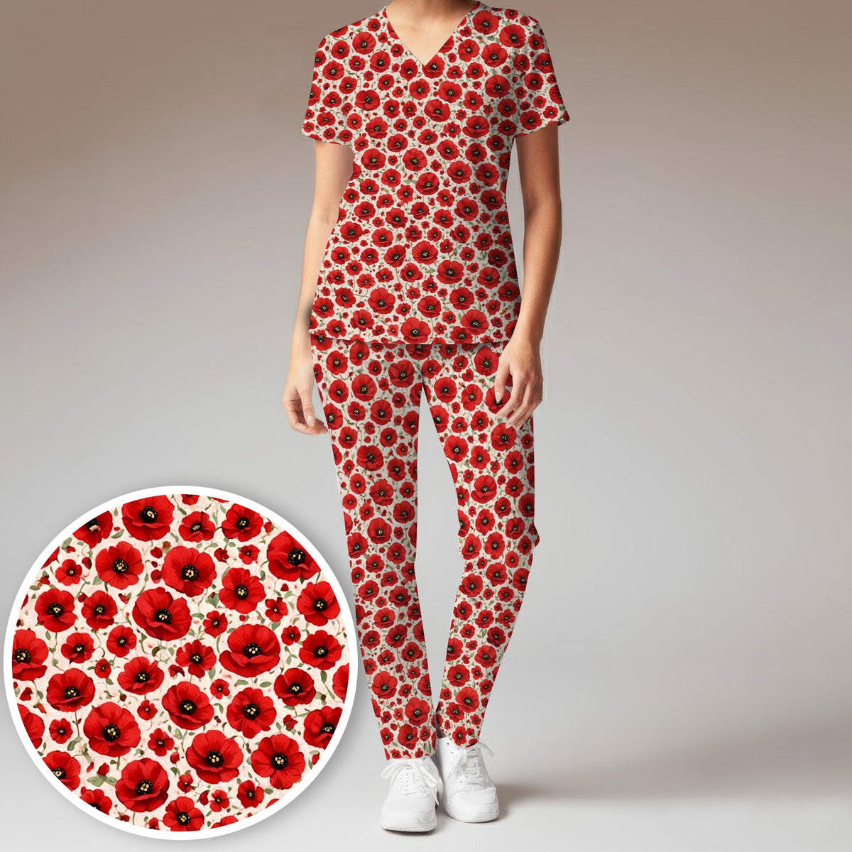 Red Poppy Flower Garden Nurse Scrub Set