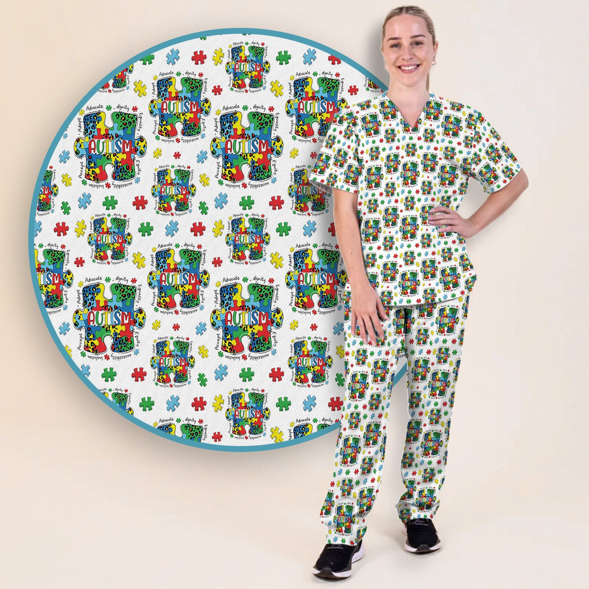 Autism Awareness Puzzle Black White Nurse Scrub Set